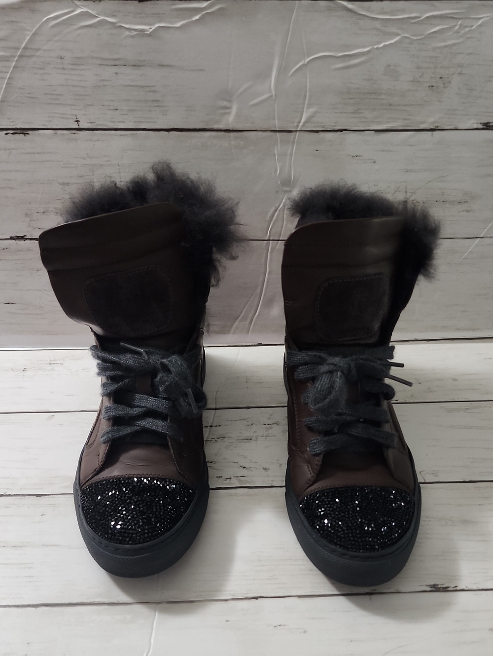Brunello Cucinelli Brown Leather High-Top Sneakers with Black Crystal Toe